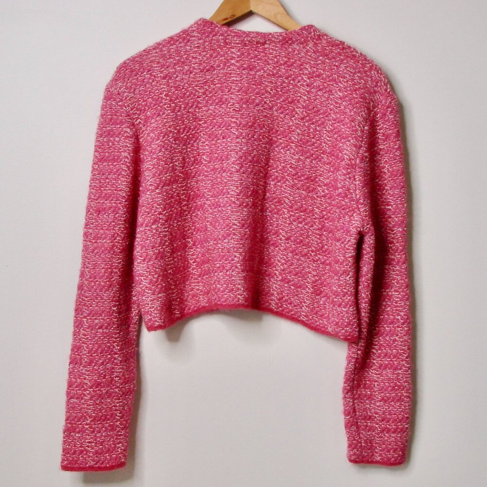 Zara Pink Tweed Knit Cardigan Jacket Sweater Barbie Pink Silver Metallic Size XL - Picture 14 of 16
